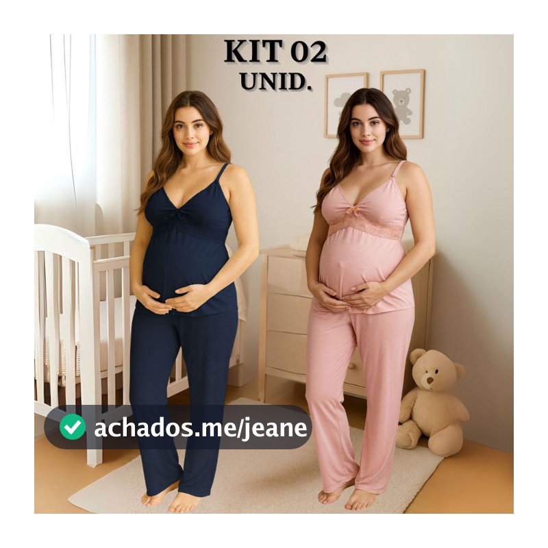 KIT 02 Pijamas Amamentação com Renda e Blusa abertura em Click Alça Reforçada e CALÇA Maternidade.