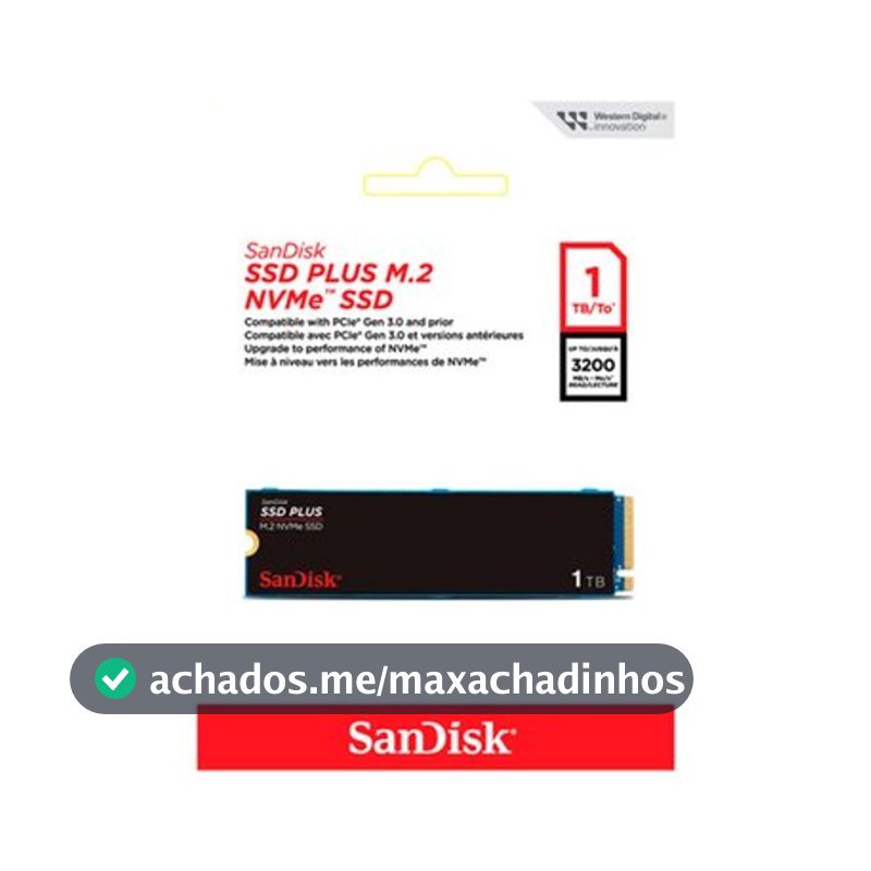 SSD SanDisk Plus, 1TB, M.2 PCle, NVMe, Leitura 3200MB/s e Gravação acima de 2500MB/s, Preto - SDSSDA3N-1T00-G26