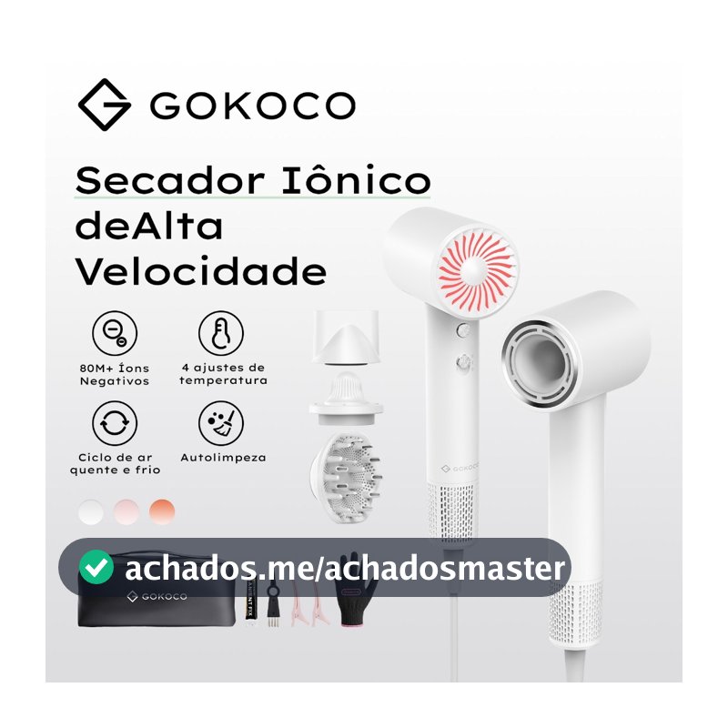 GOKOCO 3 em 1 Secador de Cabelo Alta Velocidade 80M Íons Negativos 4 Temperaturas Bivolt com Difusor