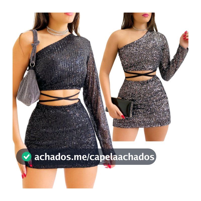 Conjunto Fashion Paetê Blusa Cropped Mula manca amarração Saia Manga única