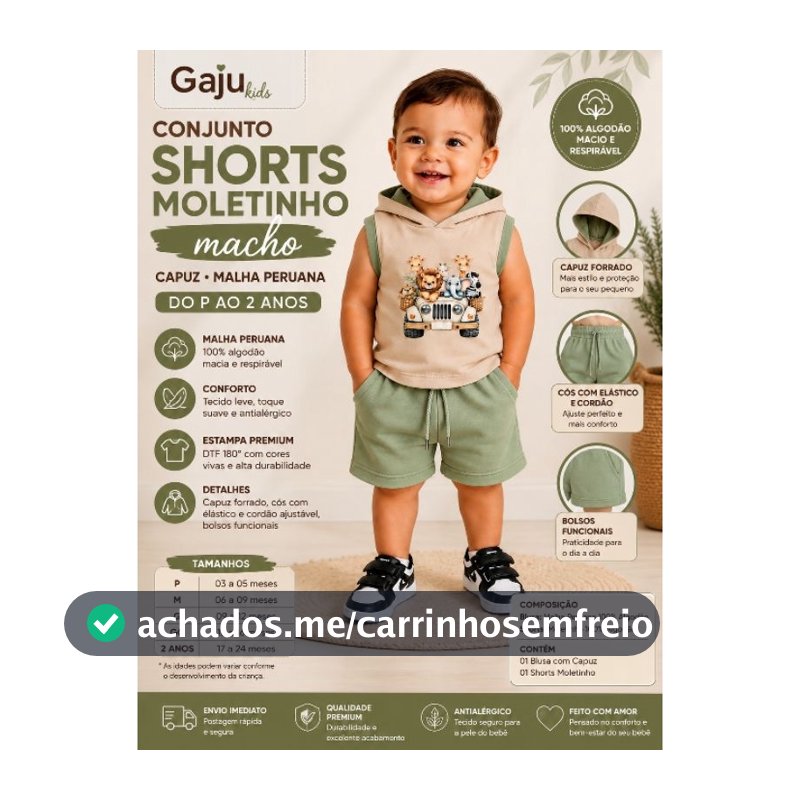 Conjunto Masculino com Capuz – Shorts  + Blusa em Malha Peruana | P ao 2 Anos