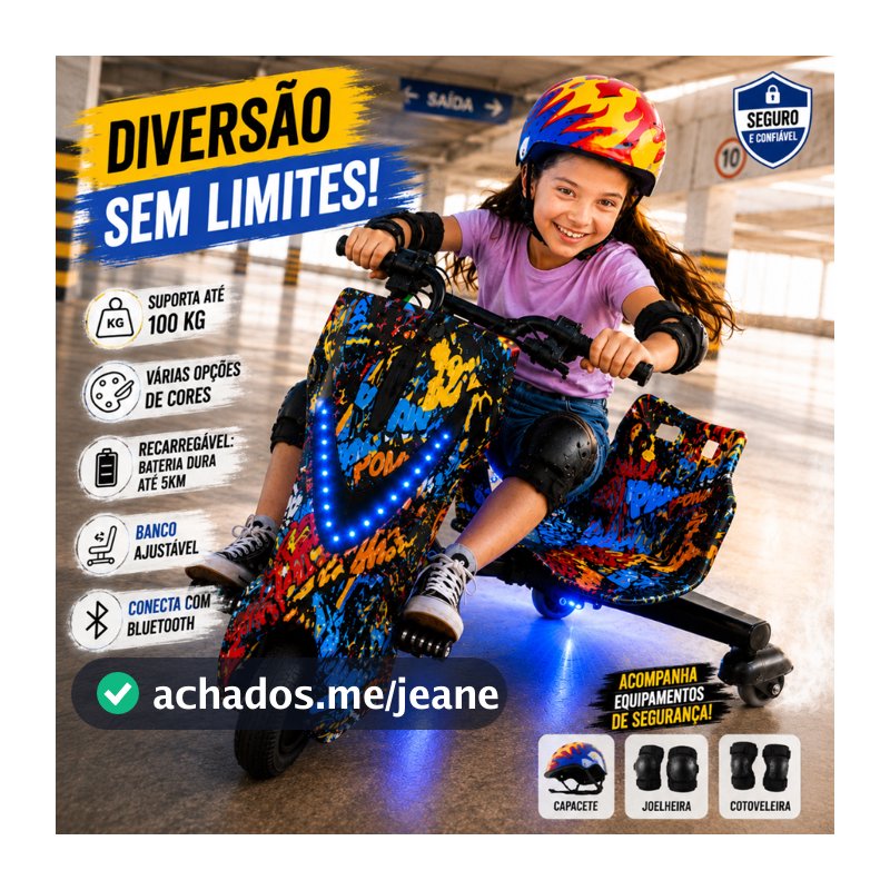 Triciclo Elétrico Drift Trike Bluetooth LED 3 Velocidades Recarregável 100kg Banco Ajustável Bivolt