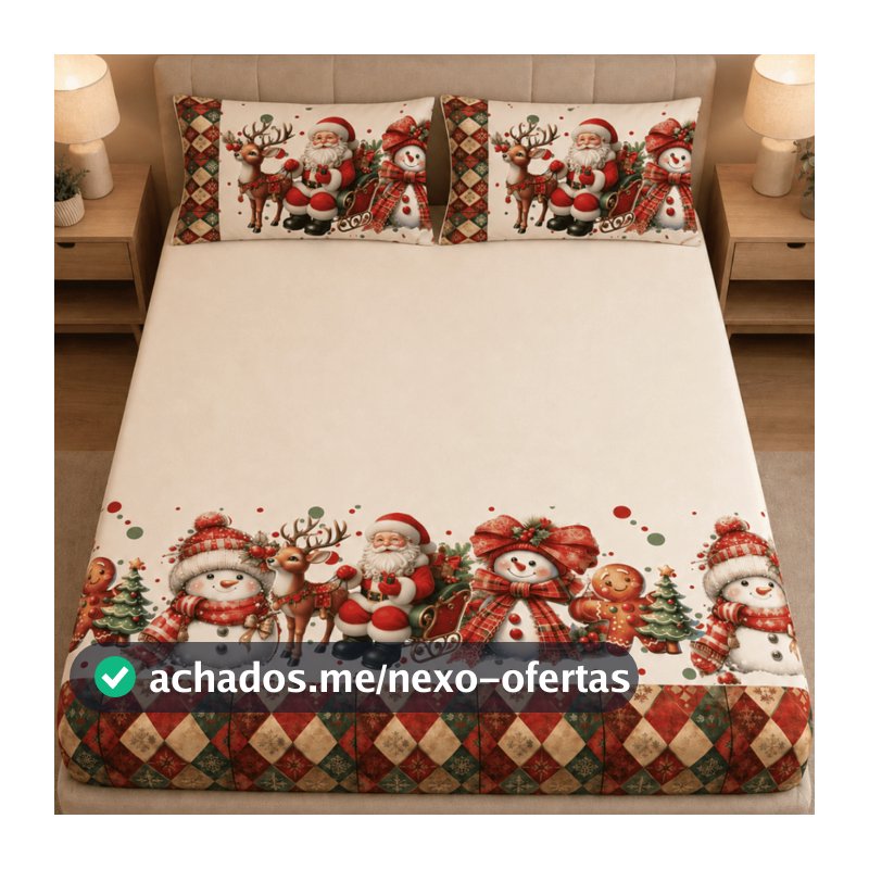 Jogo de Lençol Queen 400 Fios Natalino 3 PC (Jogo de Cama, Estampado, Decoração de Natal, Quarto)