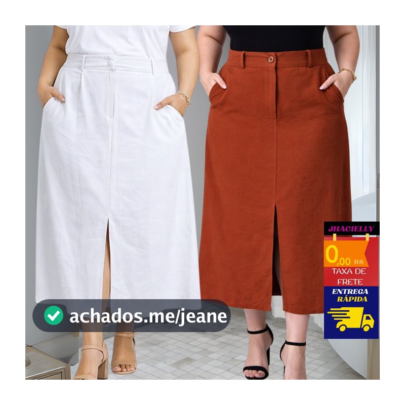 Saia Midi Plus Size Feminina Cintura Alta Elegante com Bolsos Fenda Zíper Tecido Marrant Sensoriale
