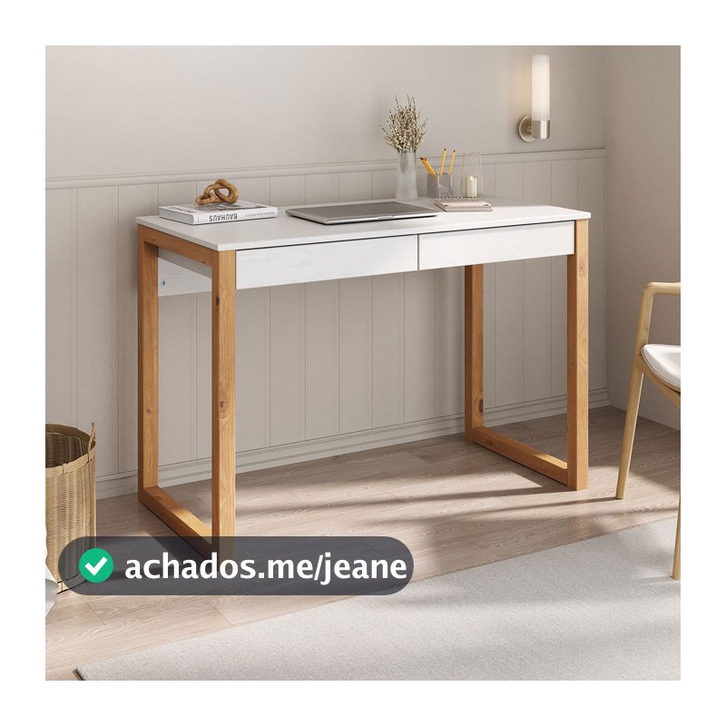 Mesa Escritório Branco Madeirado Retro 2 Gavetas 1 Nicho Noah