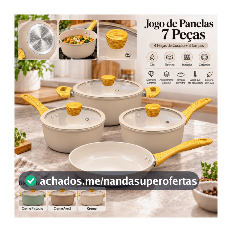 Jogo de Panelas 7 Peças Cerâmica Antiaderente Premium Conjunto Fogão Cooktop Indução Gás Elétrico