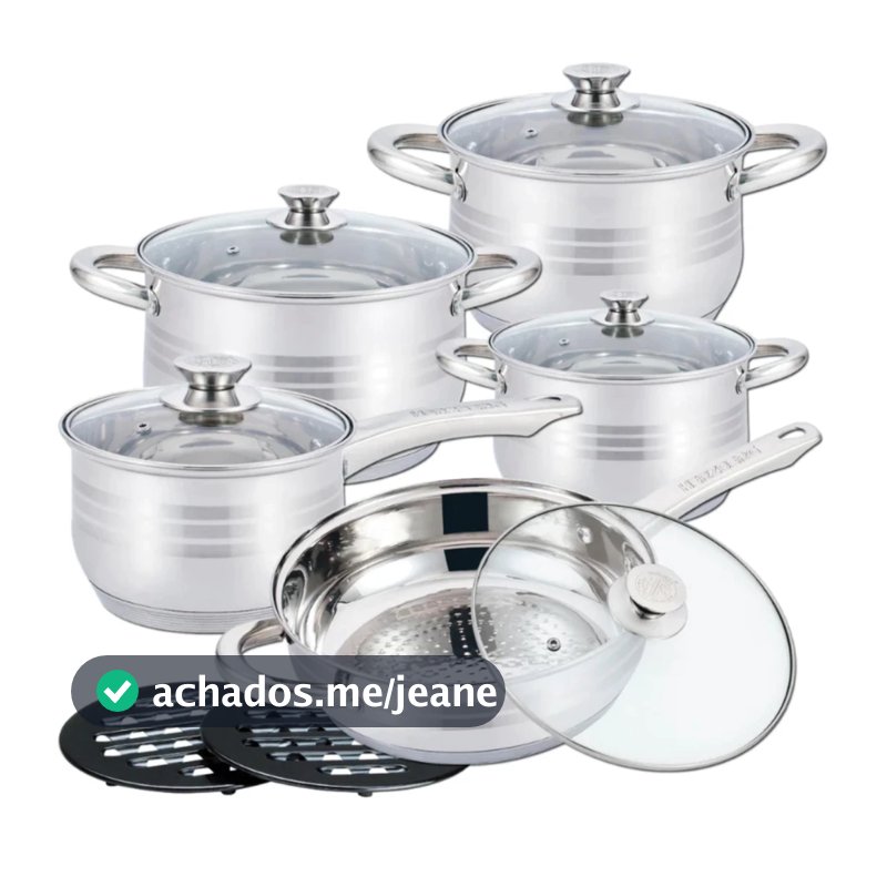 Jogo de Panelas 19 Peças Aço Inox Original + Acessórios com Fundo 9 Camadas Indução e Gás