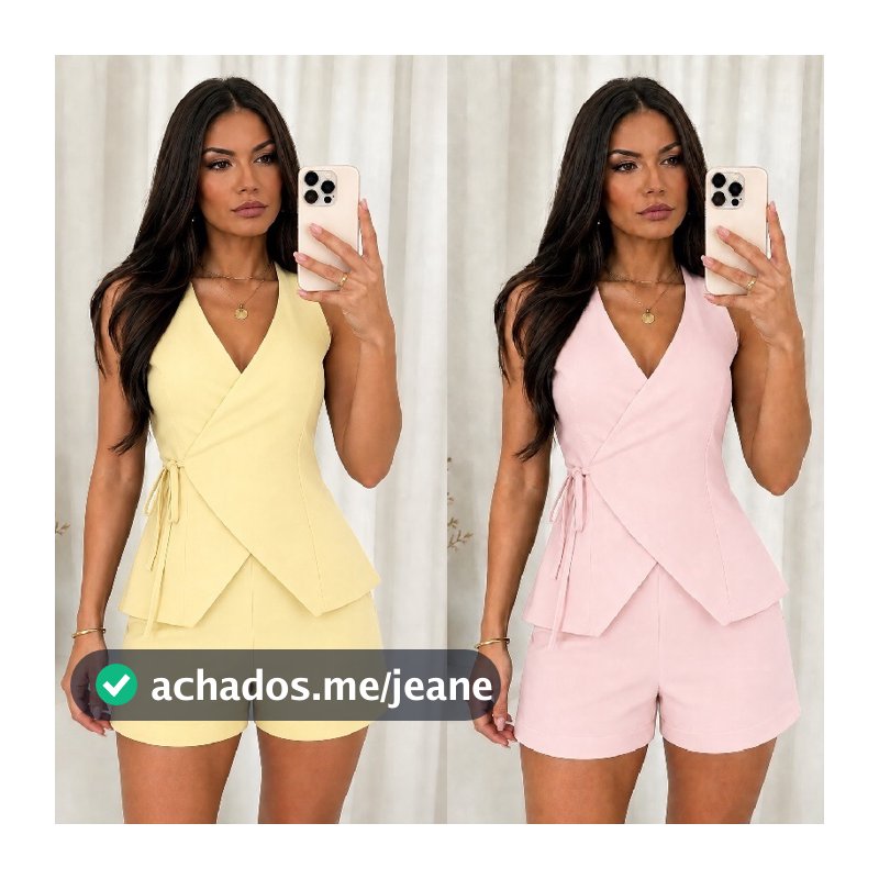 Conjunto de Verão Feminino Short com Elástico e Colete, 2 peças em tecido Sensorial