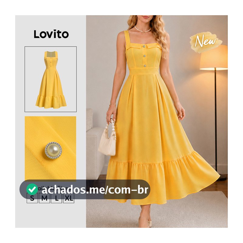 Lovito Vestido Feminino Elegante Amarelo Modelo Longo com Babado Botão e Zíper Primavera Verão Casual Fim de Semana e Traje de Trabalho DRB39BR017