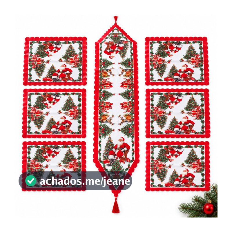 Trilho de Mesa Natalino + 6 Jogo Americano Natal Kit Mesa Posta Mesa Decorada de Natal Ceia PVC 180x40 Papai Noel Sinos