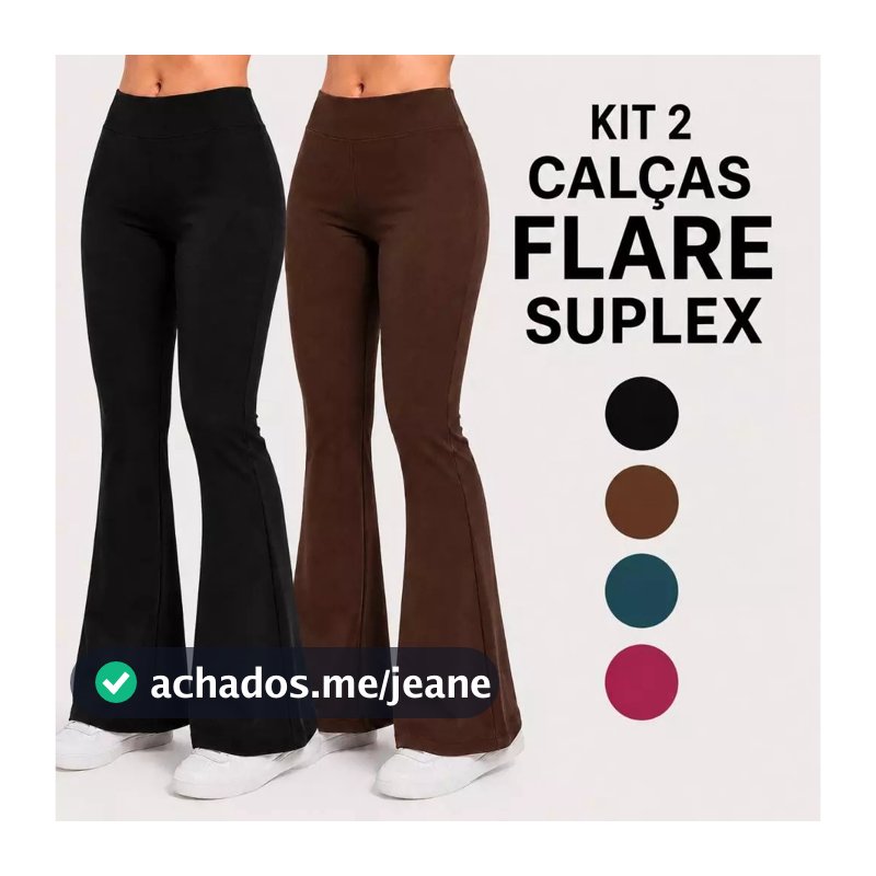 Kit 2 Calças Legging Flare Leg Bailarina Feminina Suplex Cintura Alta Sem Transparência Cós alto Calça Boca de Sino