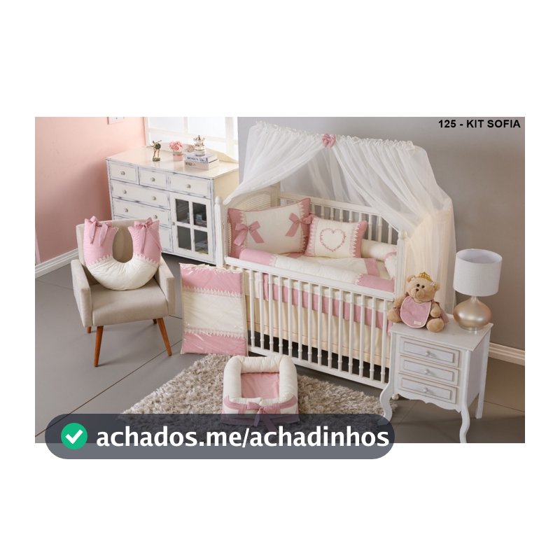 Kit Berço Americano Menina Sofia Rose Blush com Palha 11 Peças Algodão