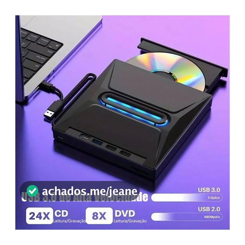 7 Em 1 Gravador Leitor CD DVD Externo Usb3.0 PC Notebook Compatível Mac Alta Velocidade