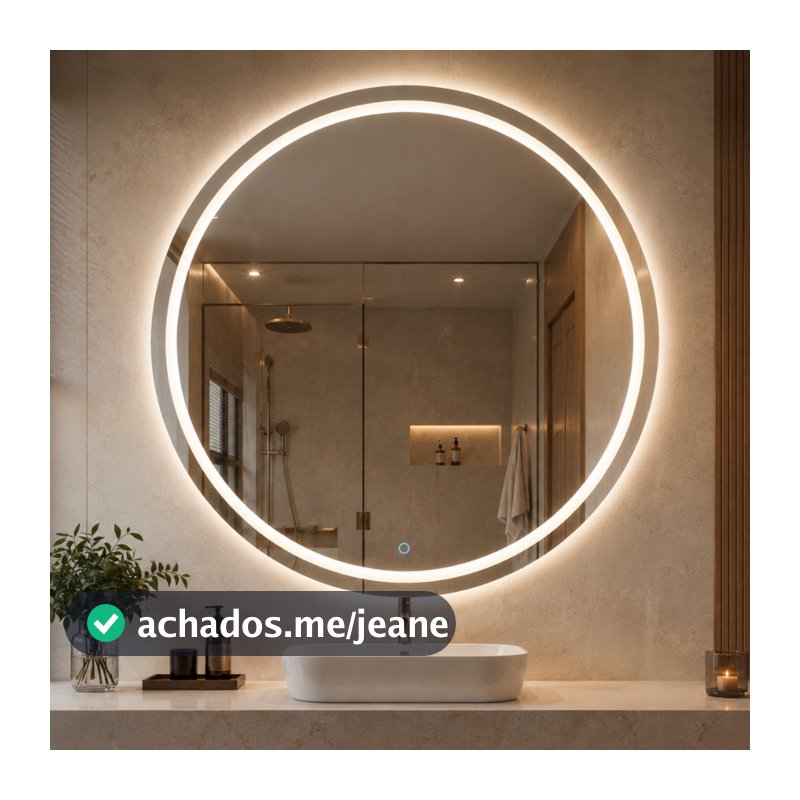 Espelho Redondo com Botão Touch 70x70cm Jateado 3 Cores LED Touch Decoração Parede Banheiro Lapidado