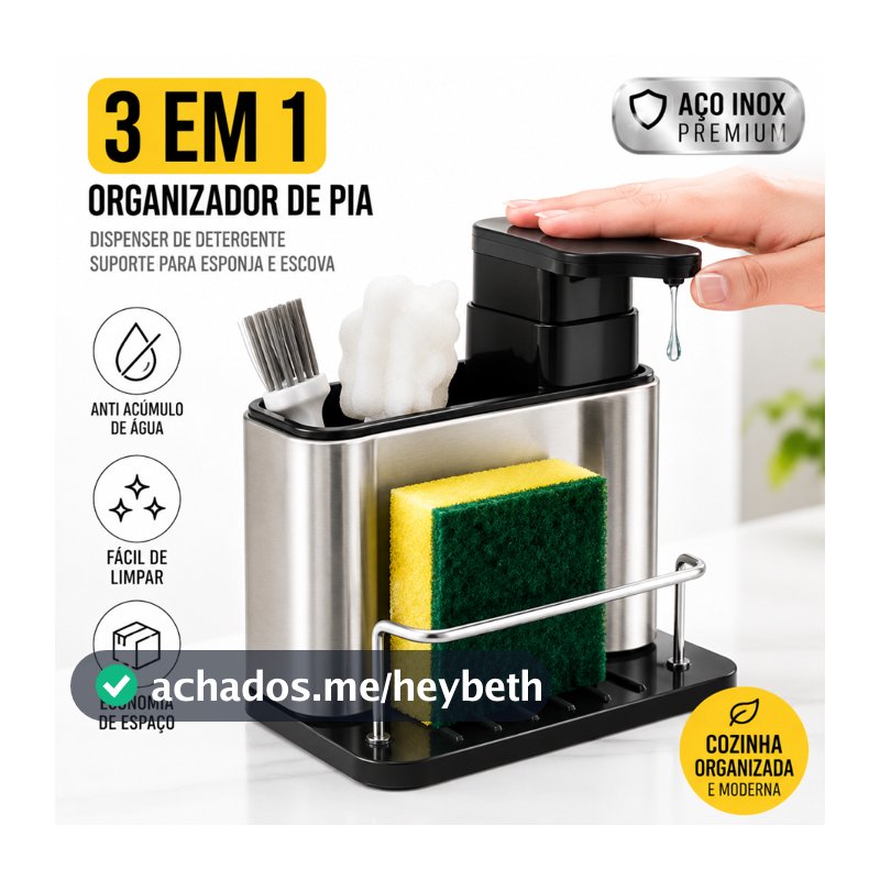 Organizador de Pia 3 em 1 em Aço Inox com Dispensador de Detergente e Suporte para Esponja
