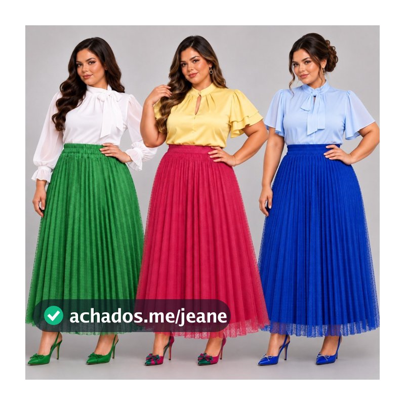 Saia Plus Size Longa Plissada Tule Poá Forro Helanca Light Moda Evangélica Elegante Tendencia Cristã