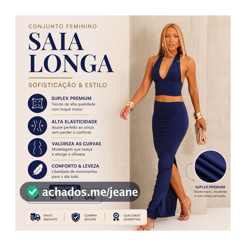 Conjunto Feminino Saia Longa e Cropped Frente Única Suplex Premium
