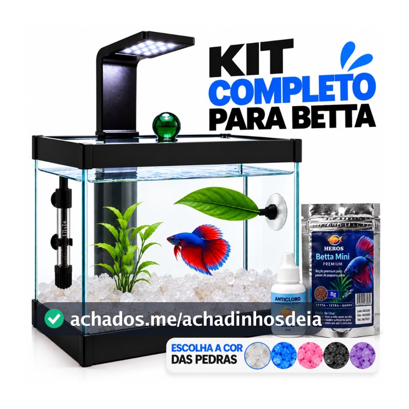 Aquário Completo Beteira - Aquário + Luminária + Decorações+ Ração e Anticloro Betta + Aquecedor Opcional