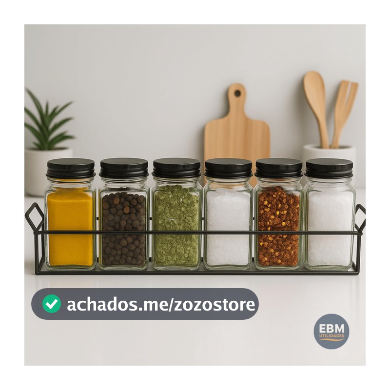 Kit 6 Potes Porta Condimento Tempero Vidro Tampa Metal Com Suporte