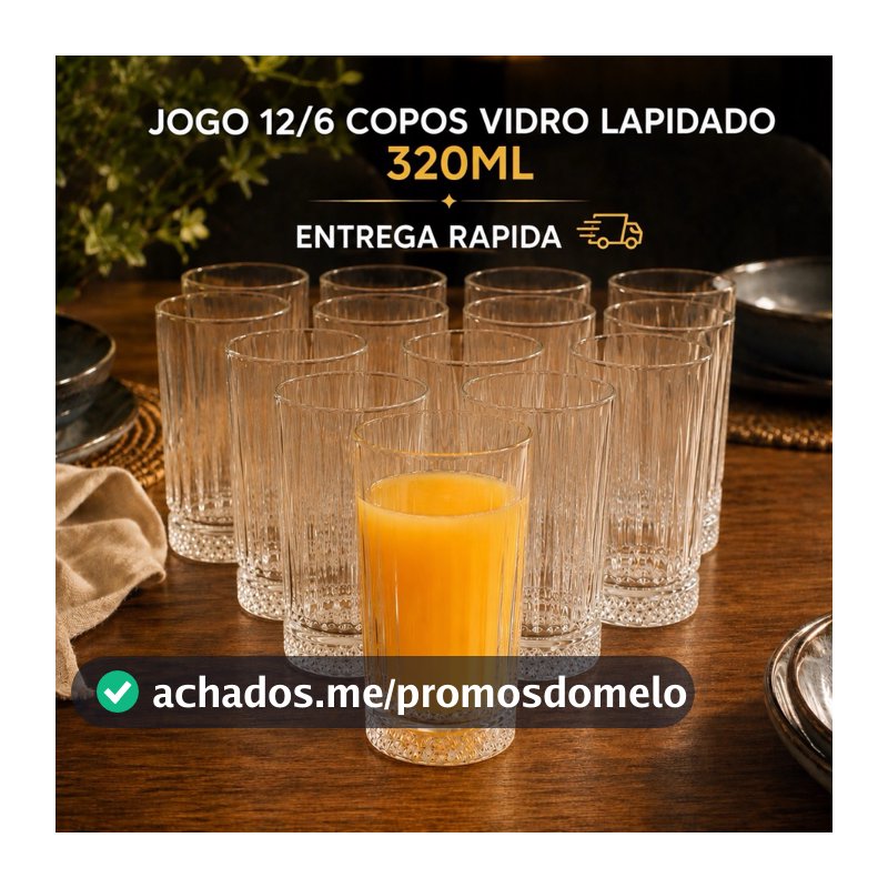 Jogo 12/6 Copos Vidro Lapidado 320ml Grosso Transparente Long Drinks