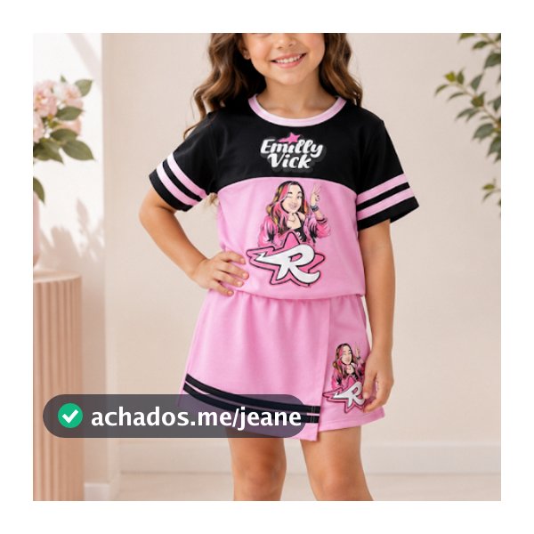 Conjunto Infantil Feminino Emily Vick Katlen Blusa Manga Curta + Saia Short Roupa de Menina Casual