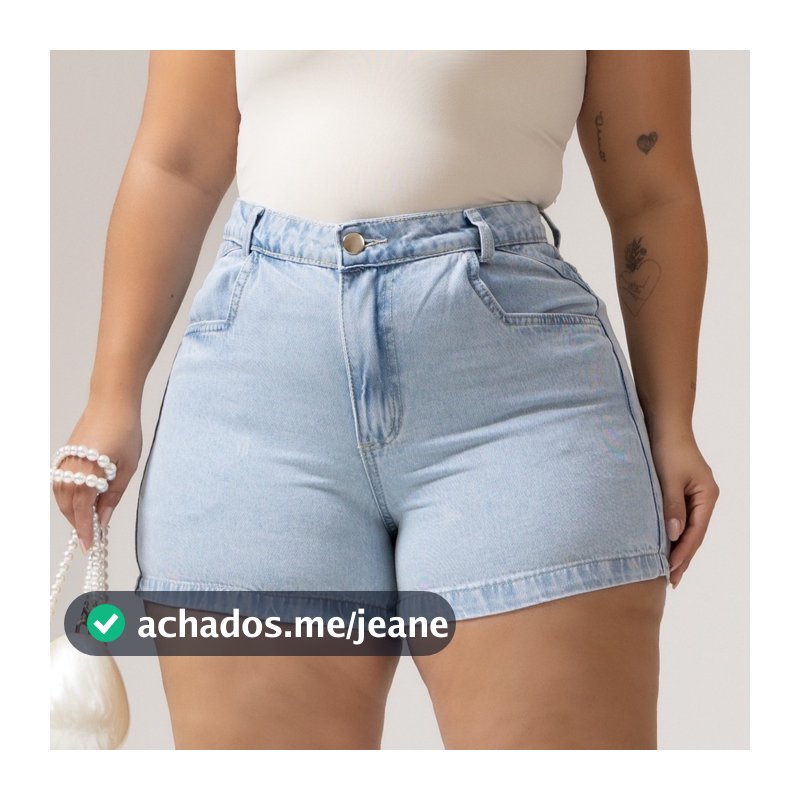 Short Jeans Plus Size Liso Barra Feita Cintura Alta
