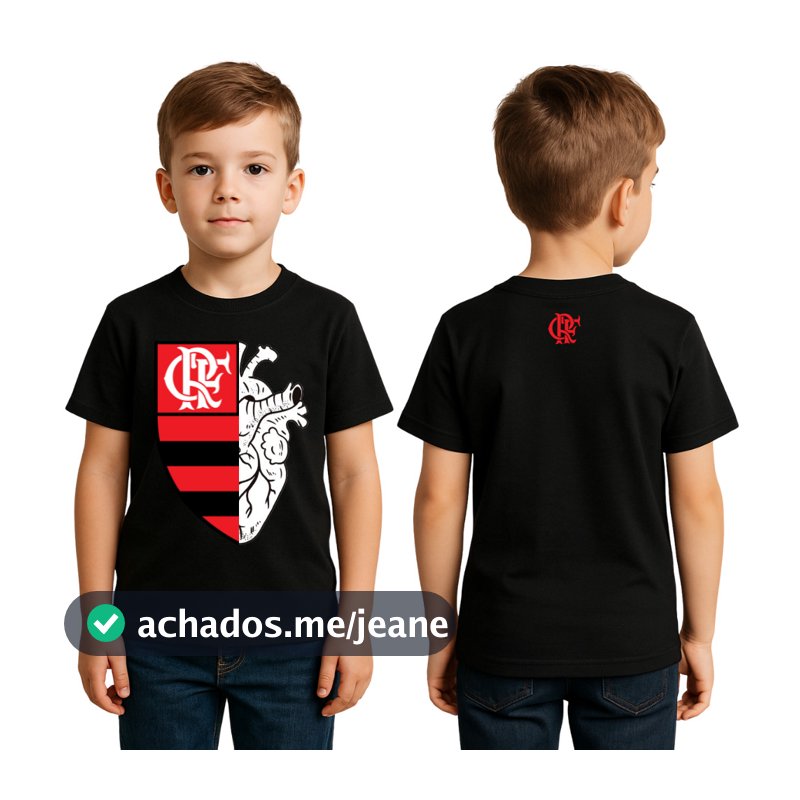 Camiseta Times Blusa Infantil Juvenil 100% Algodão Preta Coração Escudo Futebol, Camiseta time