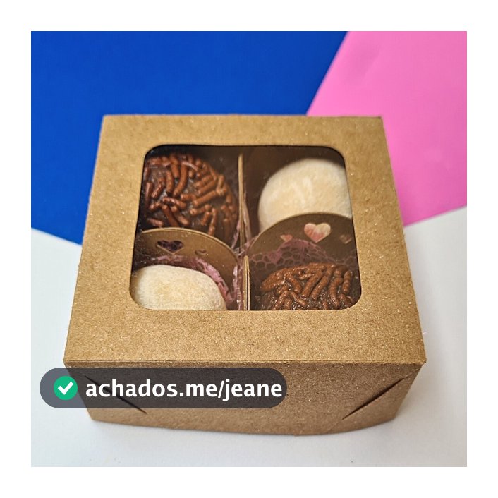 Kit 10+ Caixas KRAFT 4 doces com visor 7,5x7,5x3 cm. Embalagem para doces, presente e artesanato.