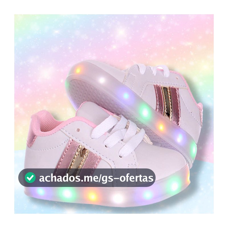 Tenis com luz de led colorida que pisca infantil feminino branco,rosa e dourado