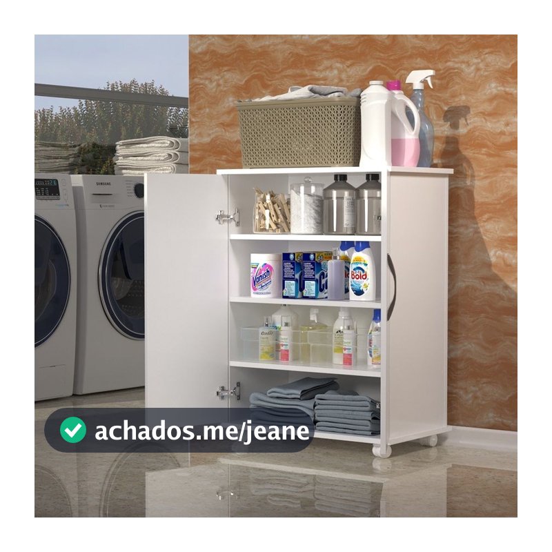 Armário Balcão 5 Prateleiras Branco Com Rodinhas porta duplas
