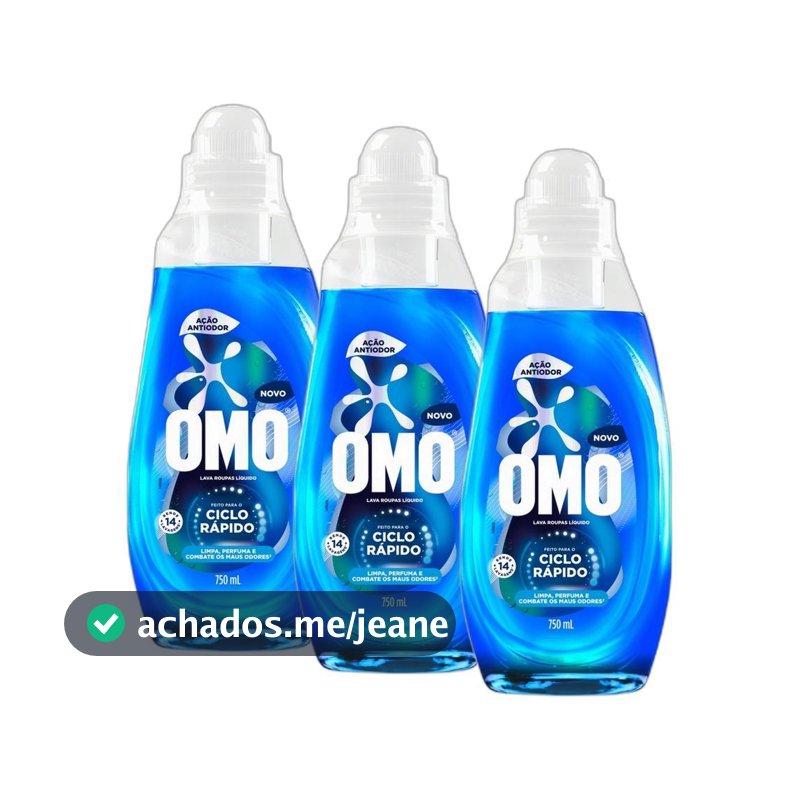 Kit 3 Lava-Roupas Líquido Omo Ciclo Rápido Ação Antiodor Frasco 750ml cada