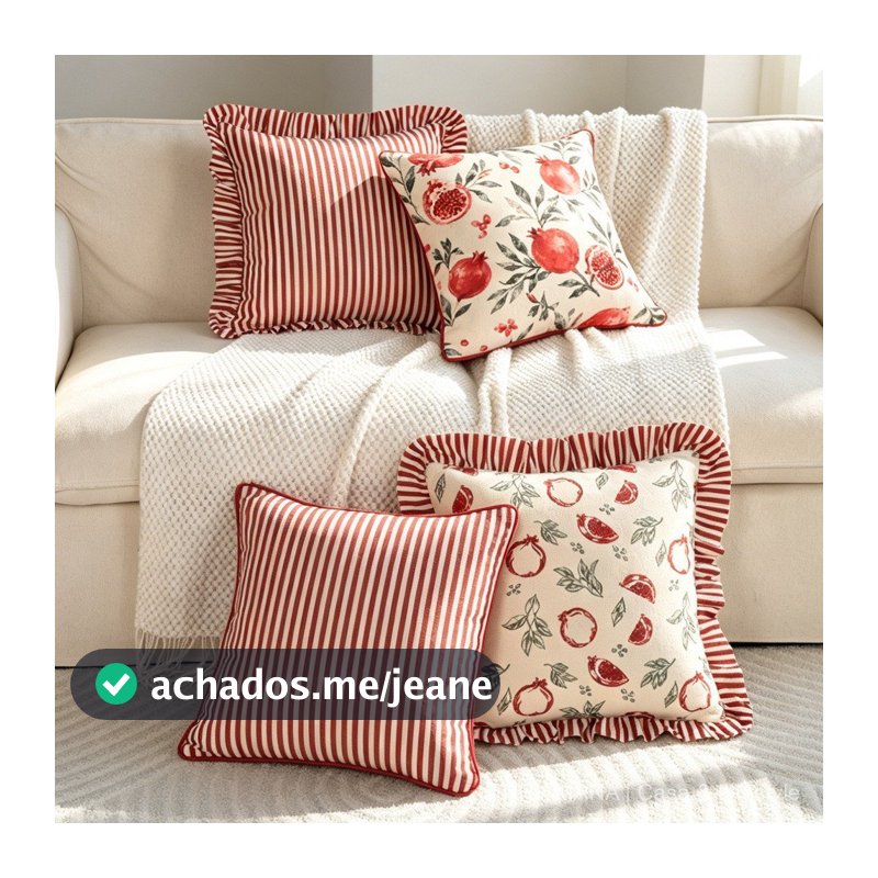 Capa De Almofada 45x45 Estampa Romã E Listrada Com Babados Para Sofá E Cama