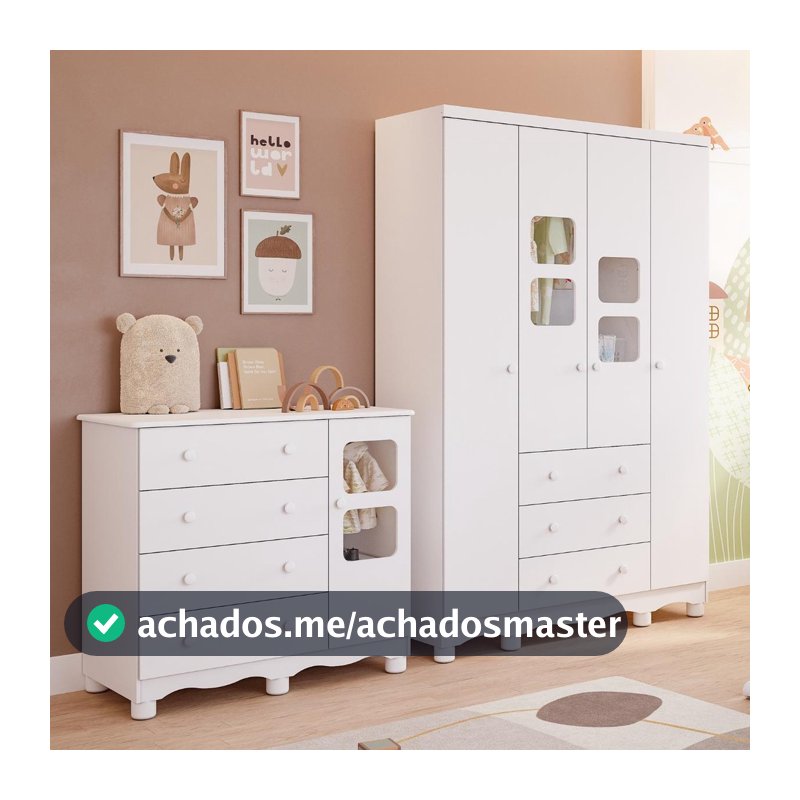 Quarto de Bebê Completo com Guarda Roupa Uli 4 Portas Cômoda Uli 4 Gavetas 100% MDF Faura