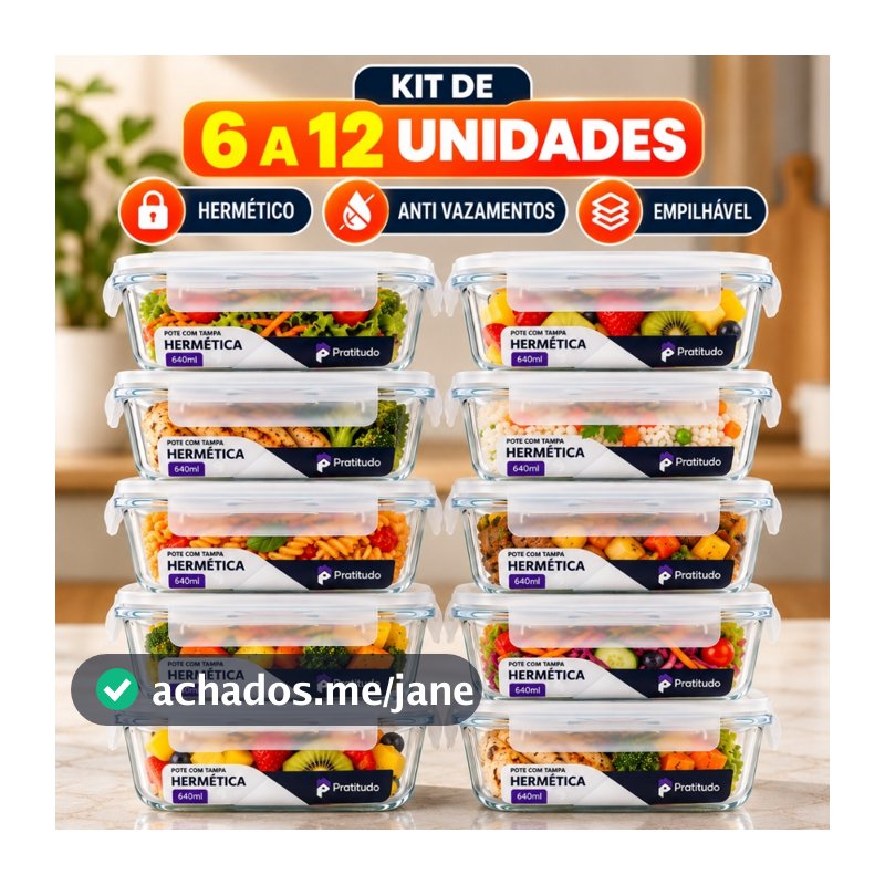 Kit de 6 até 12 Potes de Vidro 640ml - 370 ml Hermético Marmita Fit com Tampa 4 Travas Premium