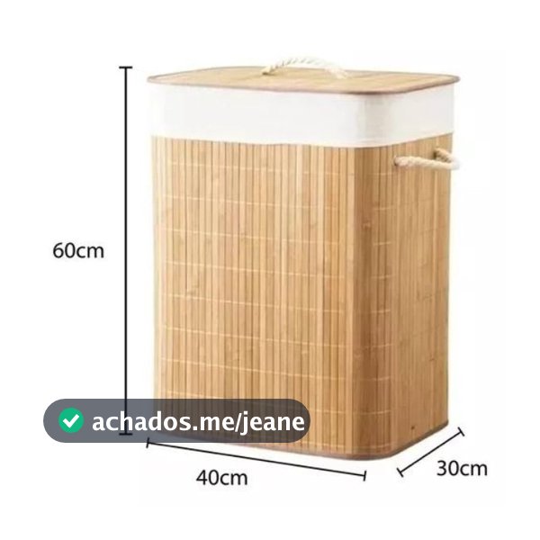 Cesto de Roupa Suja 57CM Lavanderia em Bambu com tampa Retangular Forrado com Alça Quarto Banheiro