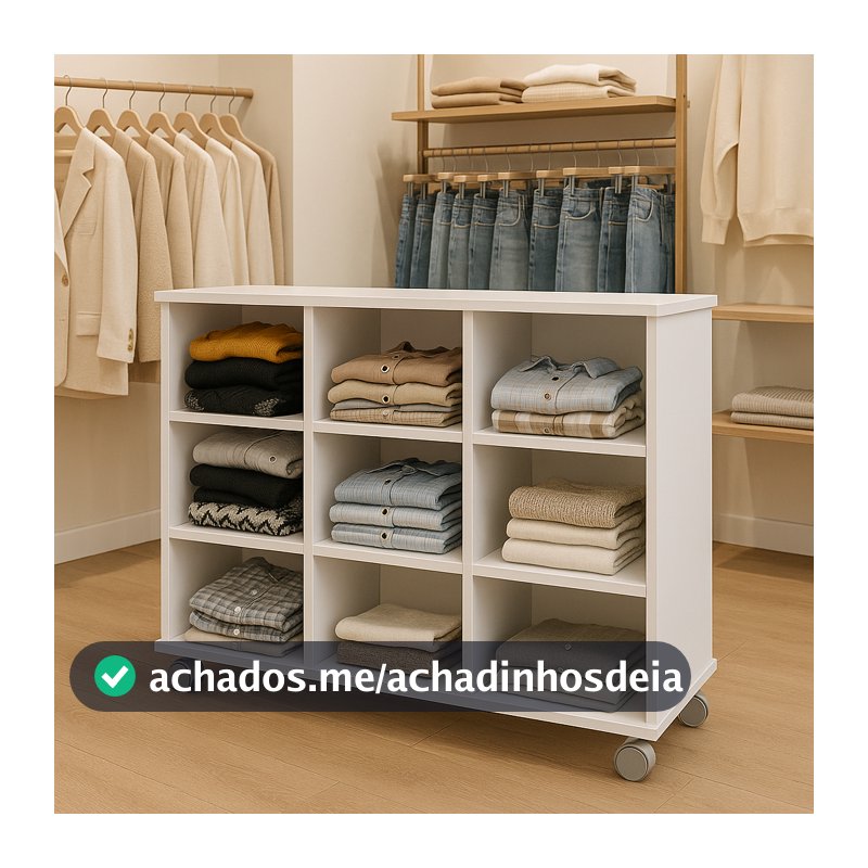 Móvel Expositor para Loja de Roupas 9 Nichos com Rodinhas  Branco Estante organização Closet