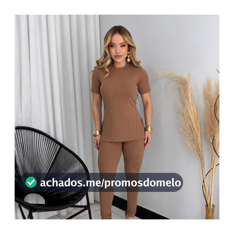 Conjunto Feminino Canelado Blusa Manga Curta com fenda e Calça Skinny Confortável Look Casual Malha Premium
