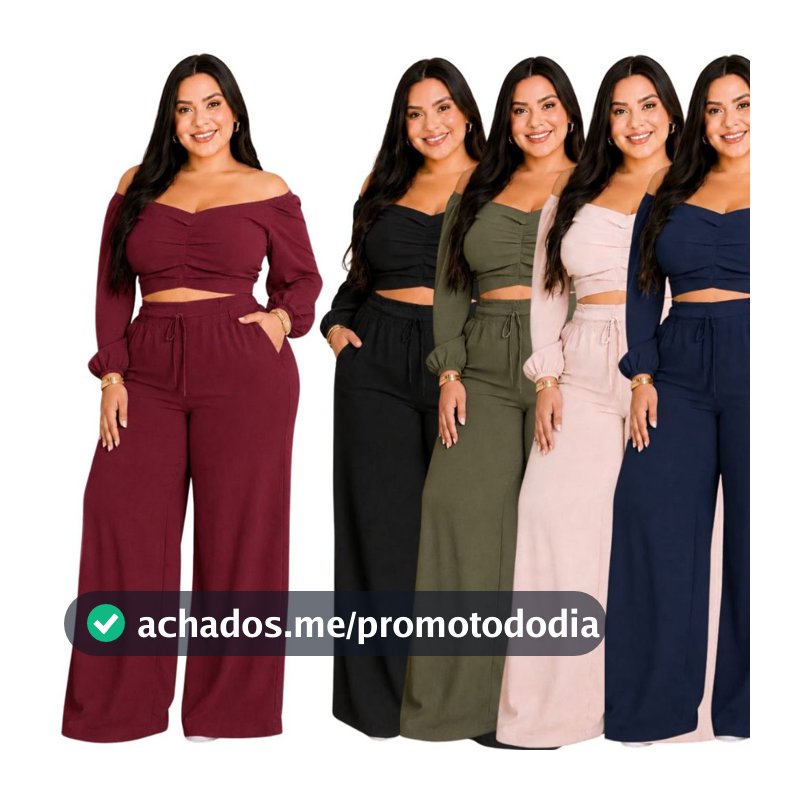 Conjunto Blusa Cropped Manga Longa e Calça Pantalona Forrada Plus Size Tamanho Grande Elegante