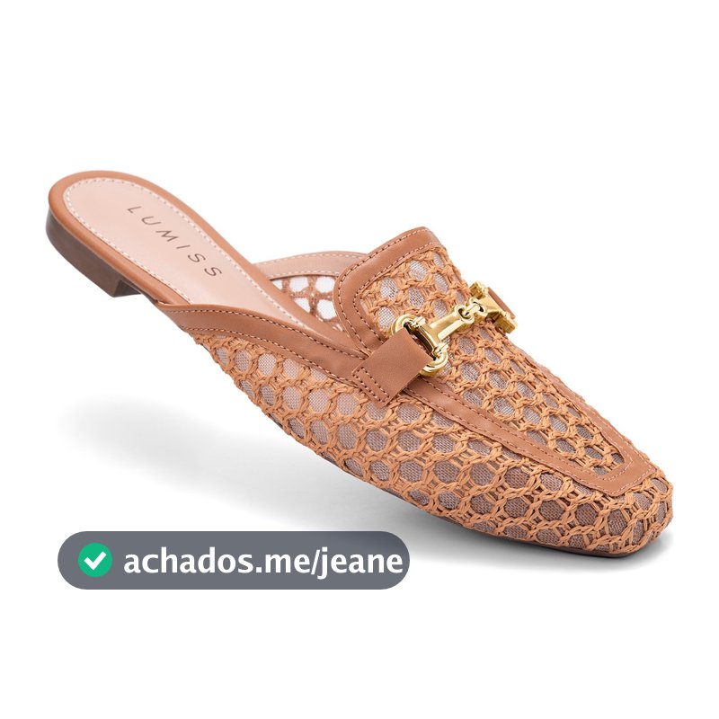 Mule Feminino Lumiss Material Natural Tela Bico Quadrado Confortável Enfeite Dourado