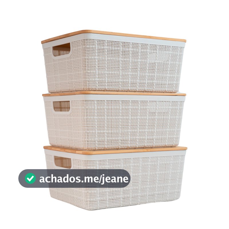Kit 3 Caixas Organizadoras 4 Litros Brancas C/ Tampa Bambu Oikos
