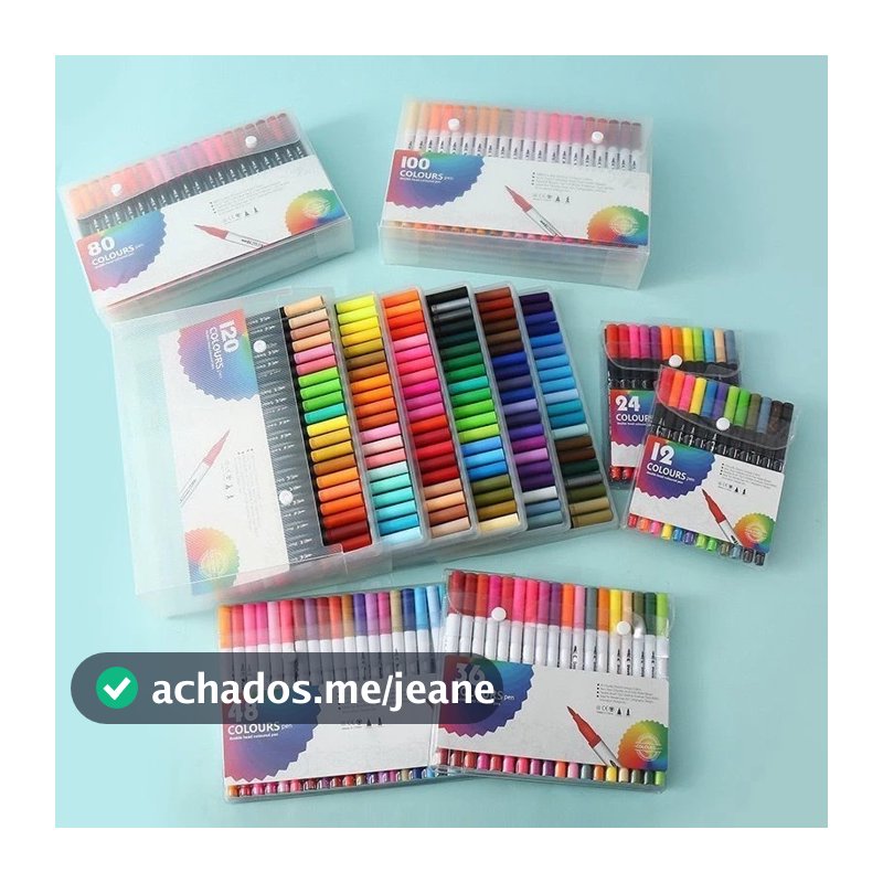 Kit 24/36/48/60/80 Cores Caneta Brush Lettering Ponta Fina Dual Pen Colorir e Desenho