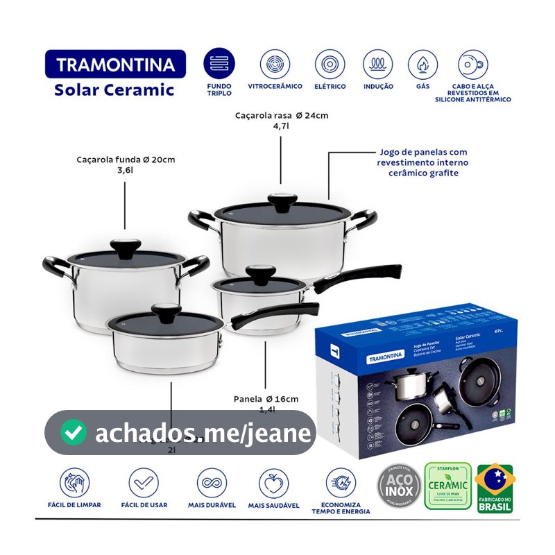 Jogo de Panelas Tramontina Solar  Aço Inox Indução Antiaderente Cerâmico 4 Pçs
