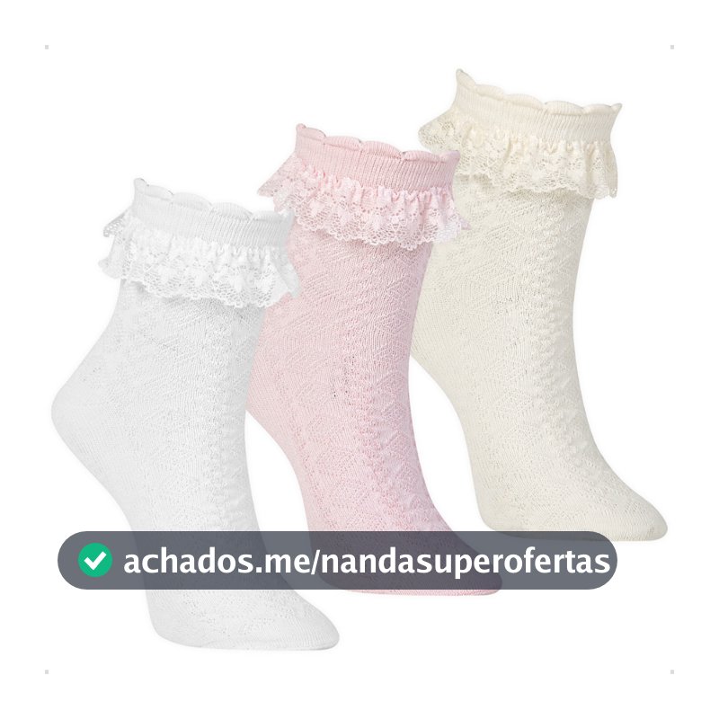 Kit 3 Pares Meia Babado de Renda Algodão Infantil Bebê Cano Médio Menina Rendada Batizado Festa