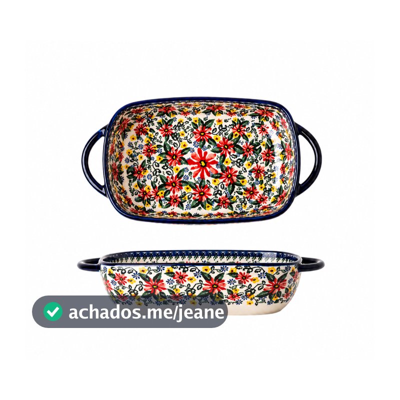 Assadeira Retangular de Cerâmica Vermelha com Alças 730ml Estampada Floral Travessa para Forno e Mesa