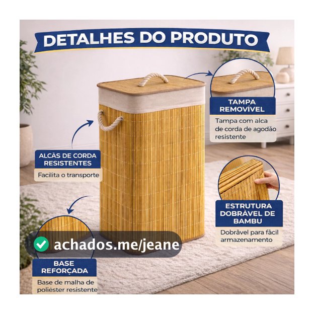 Cesto De Roupa Suja Bambu 72 Litros Lavanderia Com Tampa e Alças Forrado Grande Organizador Banheiro