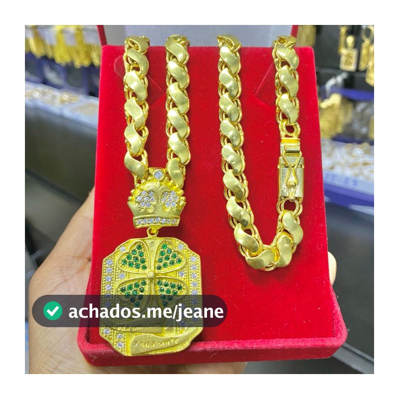 Corrente Cordão FRISOS S 12MM MAIS PINGENTES TREVO DA SORTE 100% em Moeda Antiga idêntico a ouro 18k
