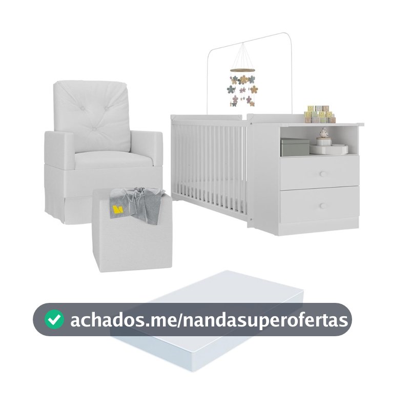 Berço Cômoda com Colchão, Poltrona de Amamentação e Puff Meu Bebê Multimóveis MP4108