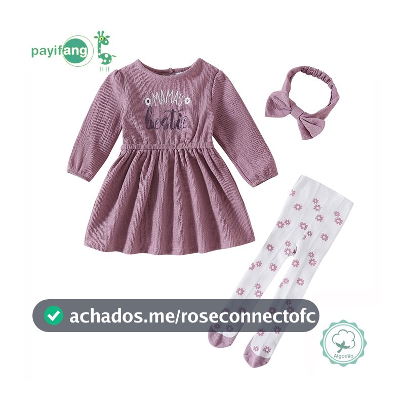 Kit 3 Peças Conjunto Vestido Bebê Menina 60% Algodão 40% Poliéster com Frase Mama's Bestie + Meia Calça + Faixa de Cabel