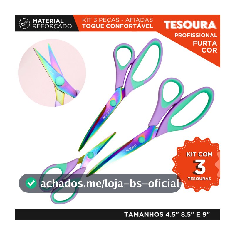 Kit 3 Tesouras Furta-Cor Aço Inox Profissional 4.5 8.5 e 9 Polegadas Multiuso Costura Papelaria - MN