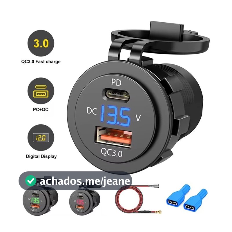 PD QC3.0 Tomada De Carregador De Carro Com Medidor De Tensão Carga Rápida 3.0 Energia Para 12V/24V Motocicleta Caminhão